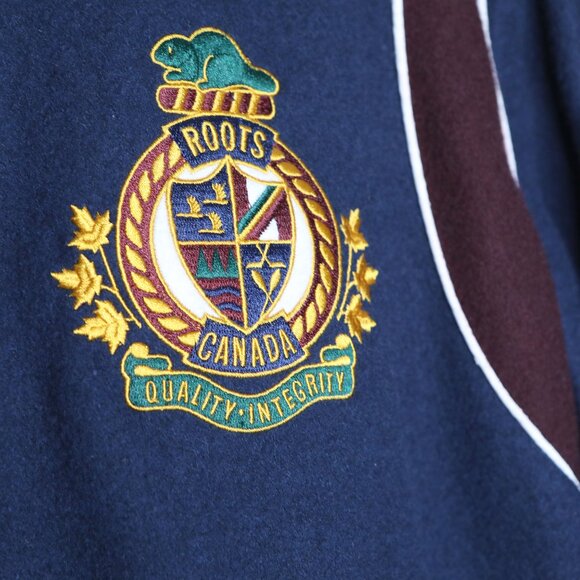 Roots Canada Wool Blend Varsity Jacket Navy Blue & Maroon Patches Mens Classic - Picture 14 of 14